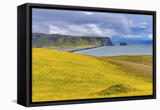 Dyrholaey Park green cliffs, Reynisfjara black sand beach, South Shore, Iceland.-William Perry-Framed Stretched Canvas