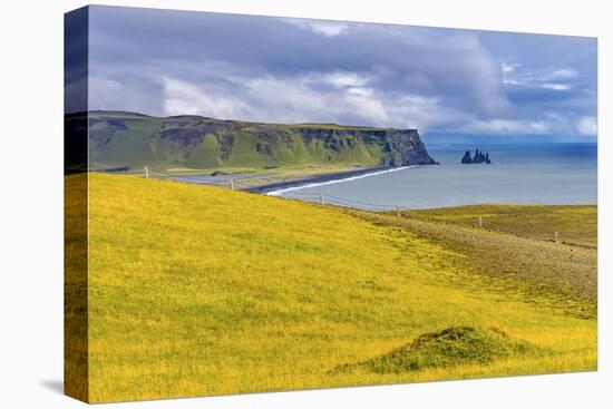 Dyrholaey Park green cliffs, Reynisfjara black sand beach, South Shore, Iceland.-William Perry-Stretched Canvas