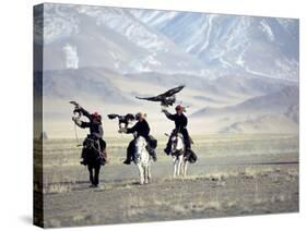 Eagle Hunters Dalai Khan, Takhuu Grandfather, Son Kook Kook, Golden Eagle Festival, Mongolia-Amos Nachoum-Stretched Canvas