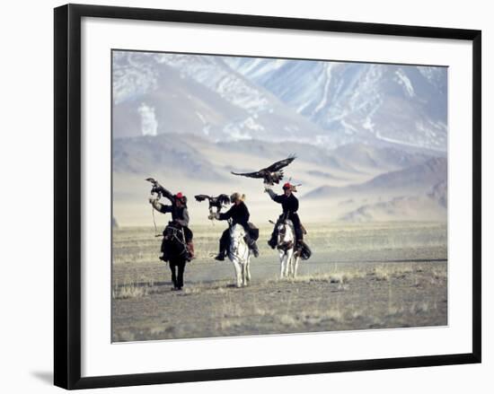 Eagle Hunters Dalai Khan, Takhuu Grandfather, Son Kook Kook, Golden Eagle Festival, Mongolia-Amos Nachoum-Framed Premium Photographic Print