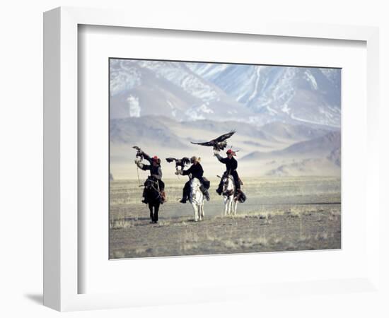 Eagle Hunters Dalai Khan, Takhuu Grandfather, Son Kook Kook, Golden Eagle Festival, Mongolia-Amos Nachoum-Framed Photographic Print