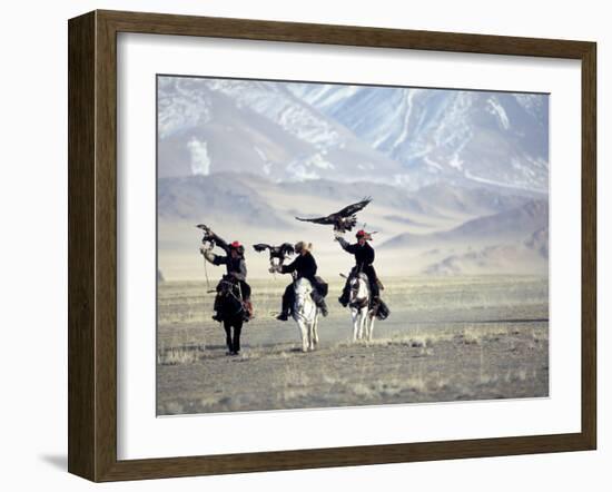 Eagle Hunters Dalai Khan, Takhuu Grandfather, Son Kook Kook, Golden Eagle Festival, Mongolia-Amos Nachoum-Framed Photographic Print