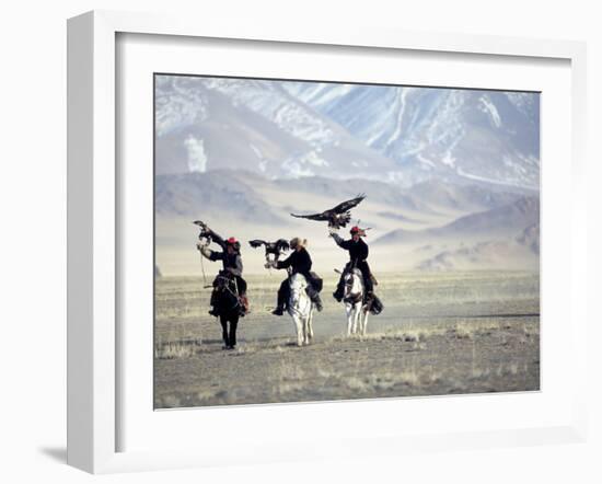 Eagle Hunters Dalai Khan, Takhuu Grandfather, Son Kook Kook, Golden Eagle Festival, Mongolia-Amos Nachoum-Framed Photographic Print