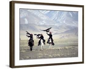 Eagle Hunters Dalai Khan, Takhuu Grandfather, Son Kook Kook, Golden Eagle Festival, Mongolia-Amos Nachoum-Framed Photographic Print