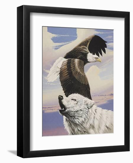 Eagle in Flight with Wolf-unknown Ampel-Framed Art Print