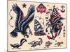Eagles & Ships, Authentic Tattoo Flash by Norman Collins, aka, Sailor Jerry-null-Mounted Art Print