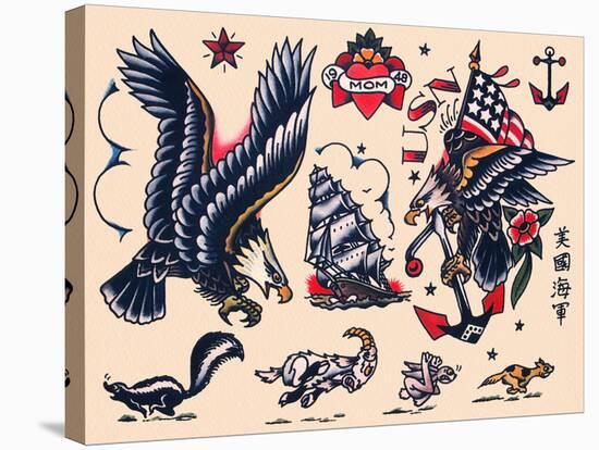 Eagles & Ships, Authentic Tattoo Flash by Norman Collins, aka, Sailor Jerry-null-Stretched Canvas