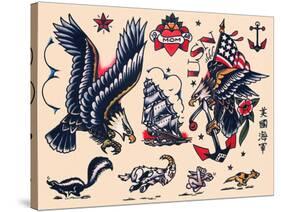 Eagles & Ships, Authentic Tattoo Flash by Norman Collins, aka, Sailor Jerry-null-Stretched Canvas