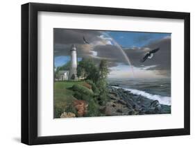 Eagles with Lighthouse-Kevin Daniel-Framed Art Print