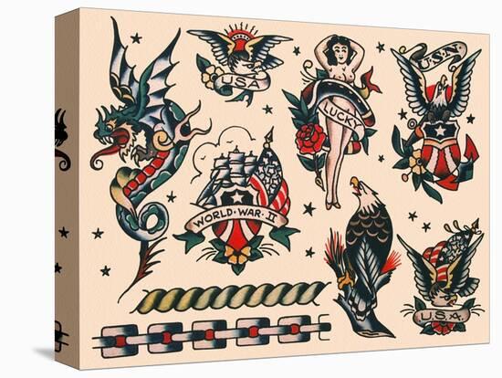 Eagles & Women, Authentic U.S. Navy Tattoo Flash by Norman Collins, aka, Sailor Jerry-null-Stretched Canvas