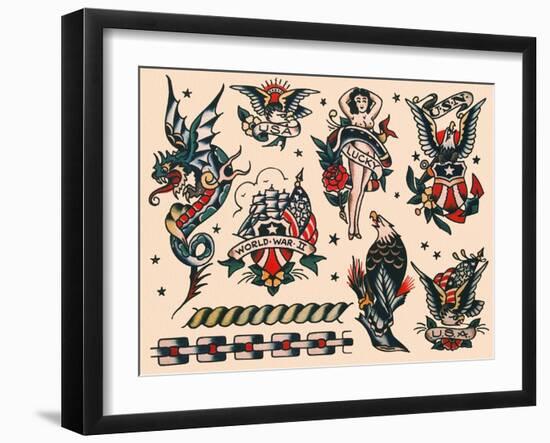 Eagles & Women, Authentic U.S. Navy Tattoo Flash by Norman Collins, aka, Sailor Jerry-null-Framed Art Print