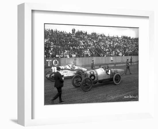 Earl Cooper and Eddie Hearne Driving Racing Cars, Tacoma Speedway (July 4, 1918)-Marvin Boland-Framed Giclee Print