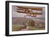 Early Biplane Flying Above a Car on a Country Road-null-Framed Giclee Print