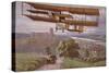 Early Biplane Flying Above a Car on a Country Road-null-Stretched Canvas