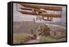 Early Biplane Flying Above a Car on a Country Road-null-Framed Stretched Canvas
