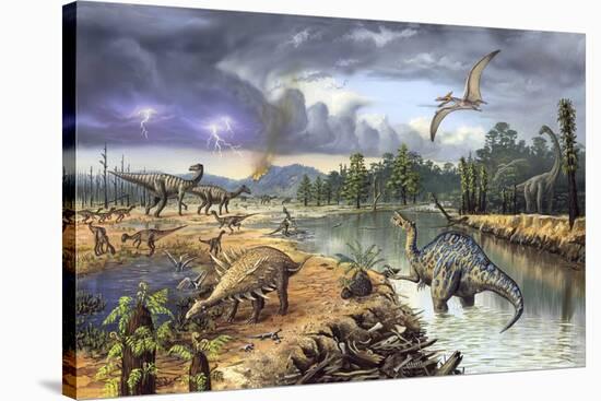 Early Cretaceous Life, Artwork-Richard Bizley-Stretched Canvas