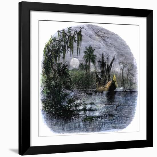 Early Explorers Coming Ashore Along a Tropical Coast in the New World-null-Framed Giclee Print