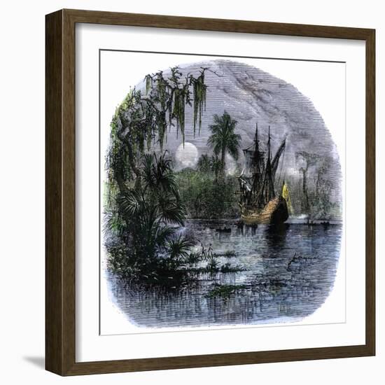 Early Explorers Coming Ashore Along a Tropical Coast in the New World-null-Framed Giclee Print