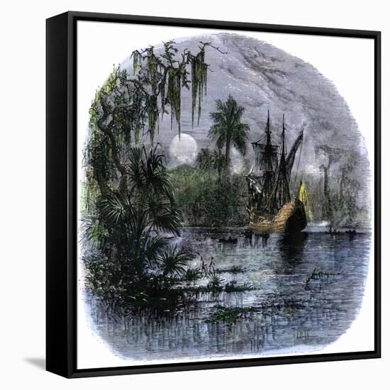 Early Explorers Coming Ashore Along a Tropical Coast in the New World-null-Framed Stretched Canvas