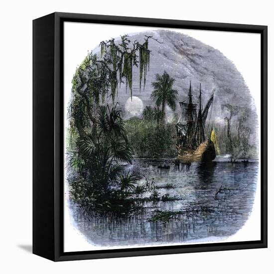 Early Explorers Coming Ashore Along a Tropical Coast in the New World-null-Framed Stretched Canvas