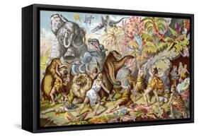 Early Humans Contending with Prehistoric Monsters-null-Framed Stretched Canvas