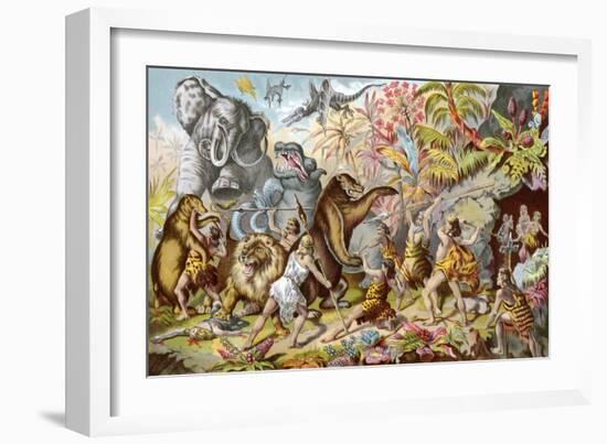 Early Humans Contending with Prehistoric Monsters-null-Framed Giclee Print