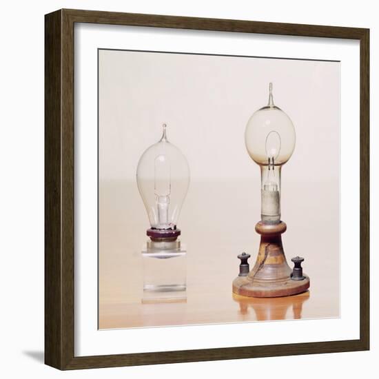 Early Light Bulbs: Left: First Commercial Light Bulb, Right: Electric Filament Lamp, 1879-null-Framed Giclee Print