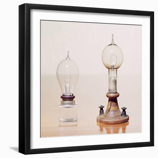 Early Light Bulbs: Left: First Commercial Light Bulb, Right: Electric Filament Lamp, 1879-null-Framed Giclee Print