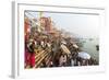 Early Morning Bathers on the Banks of the River Ganges, Varanasi (Benares), Uttar Pradesh, India-Jordan Banks-Framed Photographic Print