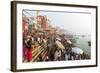Early Morning Bathers on the Banks of the River Ganges, Varanasi (Benares), Uttar Pradesh, India-Jordan Banks-Framed Photographic Print
