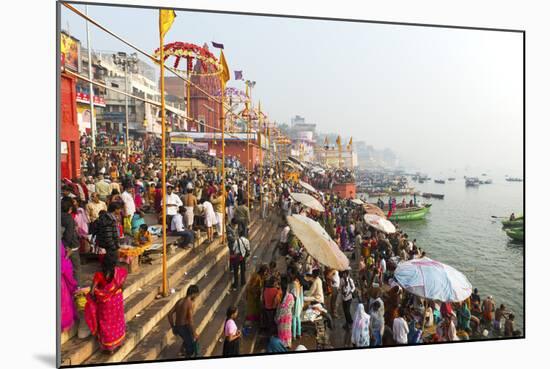 Early Morning Bathers on the Banks of the River Ganges, Varanasi (Benares), Uttar Pradesh, India-Jordan Banks-Mounted Photographic Print