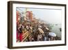 Early Morning Bathers on the Banks of the River Ganges, Varanasi (Benares), Uttar Pradesh, India-Jordan Banks-Framed Photographic Print