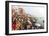 Early Morning Bathers on the Banks of the River Ganges, Varanasi (Benares), Uttar Pradesh, India-Jordan Banks-Framed Photographic Print