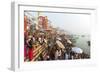 Early Morning Bathers on the Banks of the River Ganges, Varanasi (Benares), Uttar Pradesh, India-Jordan Banks-Framed Photographic Print