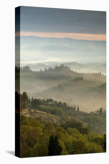 Early Morning View across Misty Hills from San Gimignano, Tuscany, Italy, Europe-John-Stretched Canvas