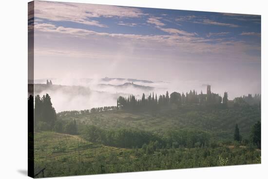 Early Morning View across Misty Hills, Near Certaldo, Tuscany, Italy, Europe-John-Stretched Canvas