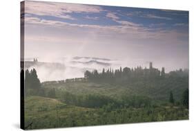 Early Morning View across Misty Hills, Near Certaldo, Tuscany, Italy, Europe-John-Stretched Canvas