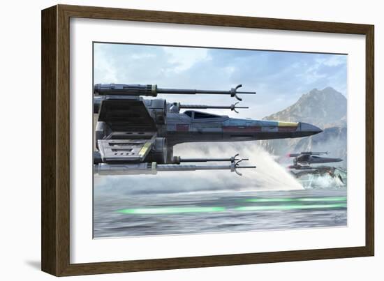 Early X-Wing Model Cruising over a Lake to Attack the Empire-Stocktrek Images-Framed Art Print