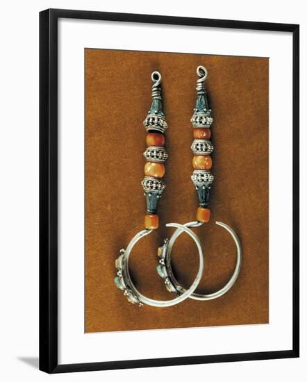 Earrings in Sterling Silver, Coral and Turquoise, Region of Tibet, Early 20th Century-null-Framed Giclee Print