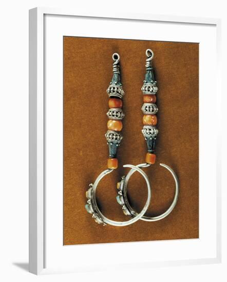 Earrings in Sterling Silver, Coral and Turquoise, Region of Tibet, Early 20th Century-null-Framed Giclee Print