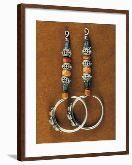 Earrings in Sterling Silver, Coral and Turquoise, Region of Tibet, Early 20th Century-null-Framed Giclee Print