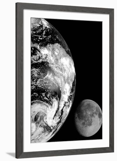 Earth and Moon From Space Black White-null-Framed Photo
