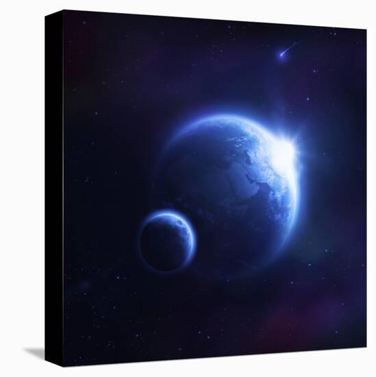 Earth and Moon in Outer Space with Rising Sun and Flying Meteorites-null-Stretched Canvas