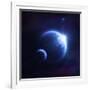 Earth and Moon in Outer Space with Rising Sun and Flying Meteorites-null-Framed Art Print