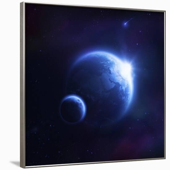 Earth and Moon in Outer Space with Rising Sun and Flying Meteorites-null-Framed Art Print