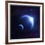 Earth and Moon in Outer Space with Rising Sun and Flying Meteorites-null-Framed Art Print