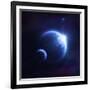 Earth and Moon in Outer Space with Rising Sun and Flying Meteorites-null-Framed Art Print