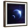 Earth and Moon in Outer Space with Rising Sun and Flying Meteorites-null-Framed Art Print