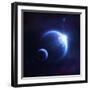 Earth and Moon in Outer Space with Rising Sun and Flying Meteorites-null-Framed Art Print