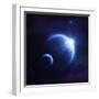 Earth and Moon in Outer Space with Rising Sun and Flying Meteorites-null-Framed Art Print